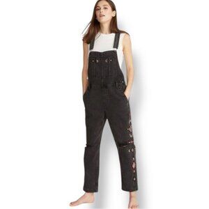 NWT Driftwood Denim Brady Embroidered Overalls Black Distressed Size L
